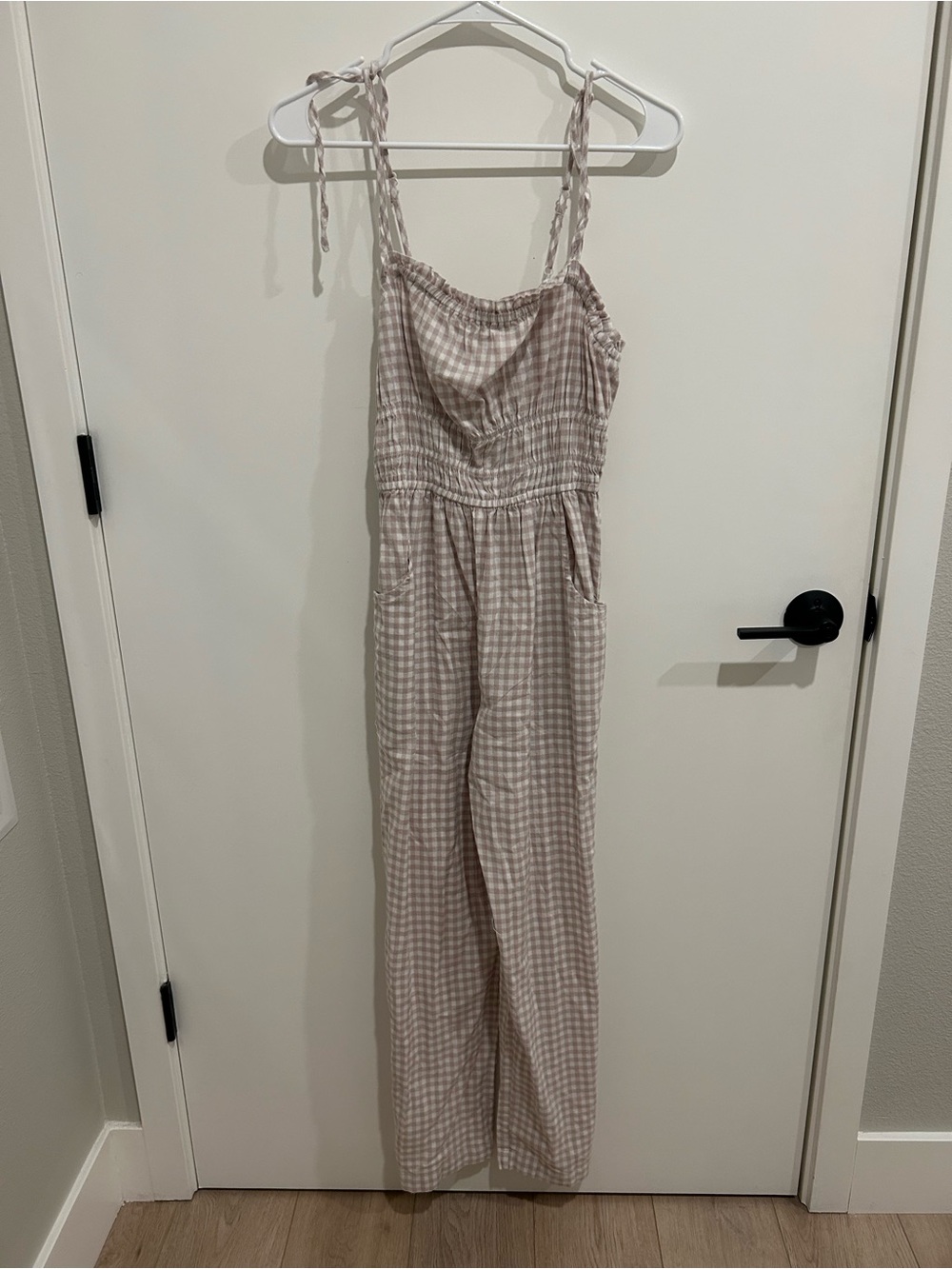 Sincerely Jules Beige Gingham Tie-Shoulder Smocked Jumpsuit